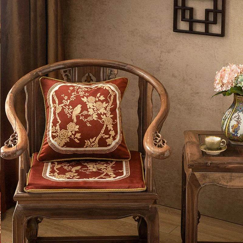 Chinoiserie Original Flowers and Birds Red Throw Pillow - SinoCultural -- SJZBZ049A01