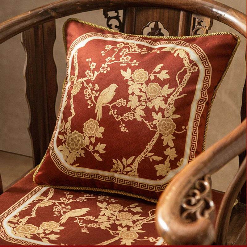 Chinoiserie Original Flowers and Birds Red Throw Pillow - SinoCultural -- SJZBZ049A01