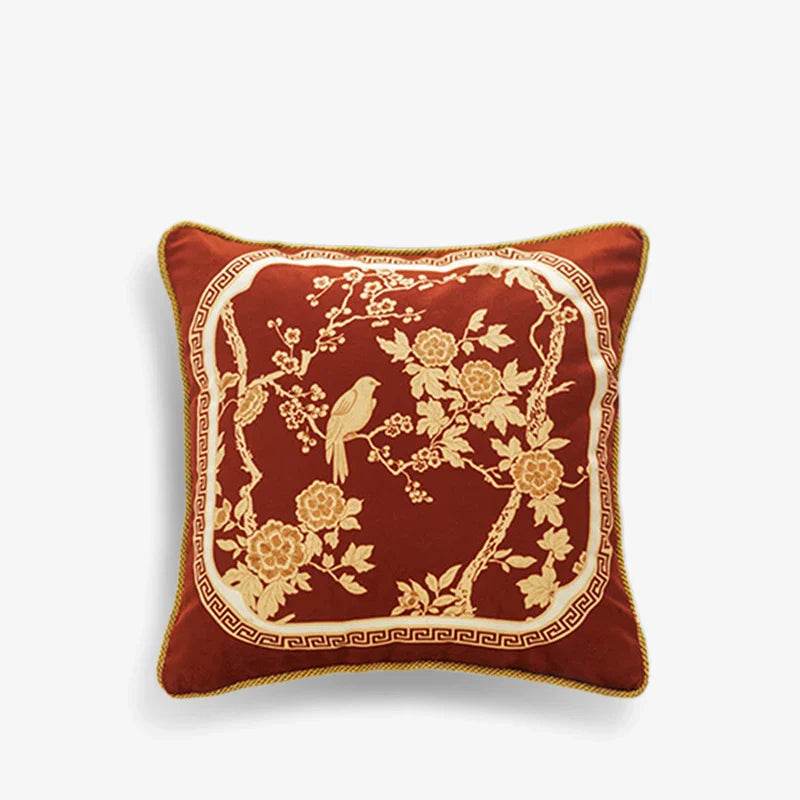 Chinoiserie Original Flowers and Birds Red Throw Pillow - SinoCultural -- SJZBZ049A01 -