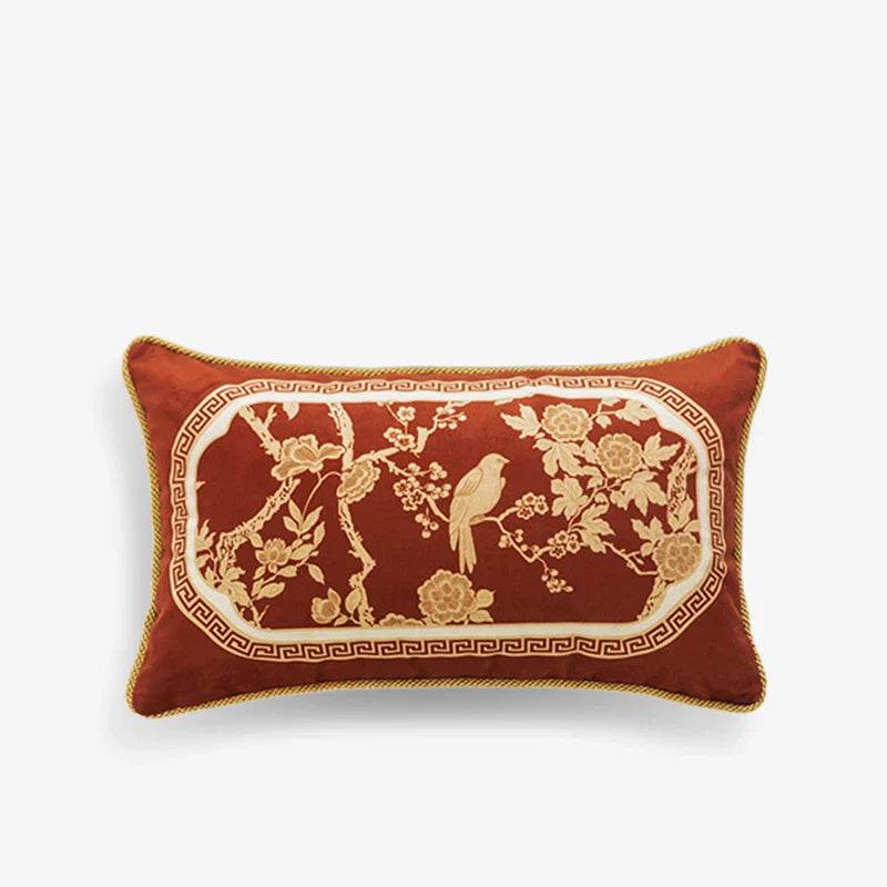 Chinoiserie Original Flowers and Birds Red Throw Pillow - SinoCultural -- SJZBZ049A01 -