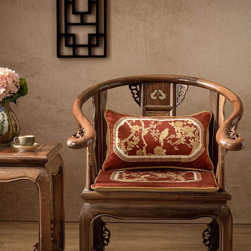Chinoiserie Original Flowers and Birds Red Throw Pillow - SinoCultural -- SJZBZ049A01 -