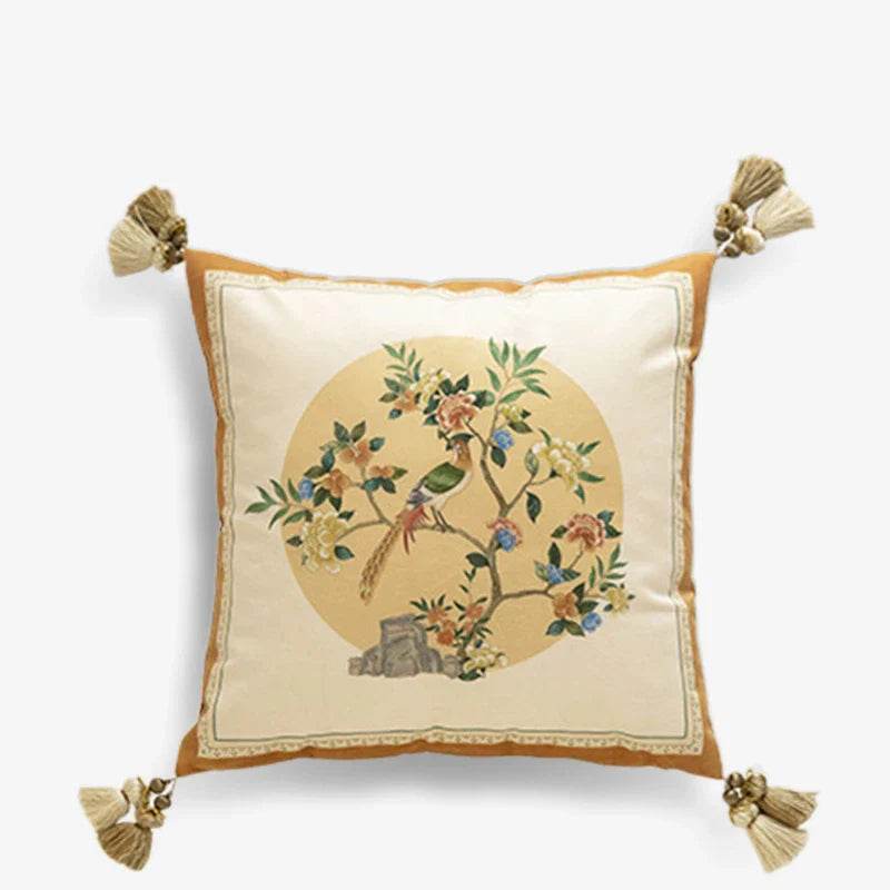 Chinoiserie Original Flowers and Birds Yellow Throw Pillow - SinoCultural -- SJZBZ052A01