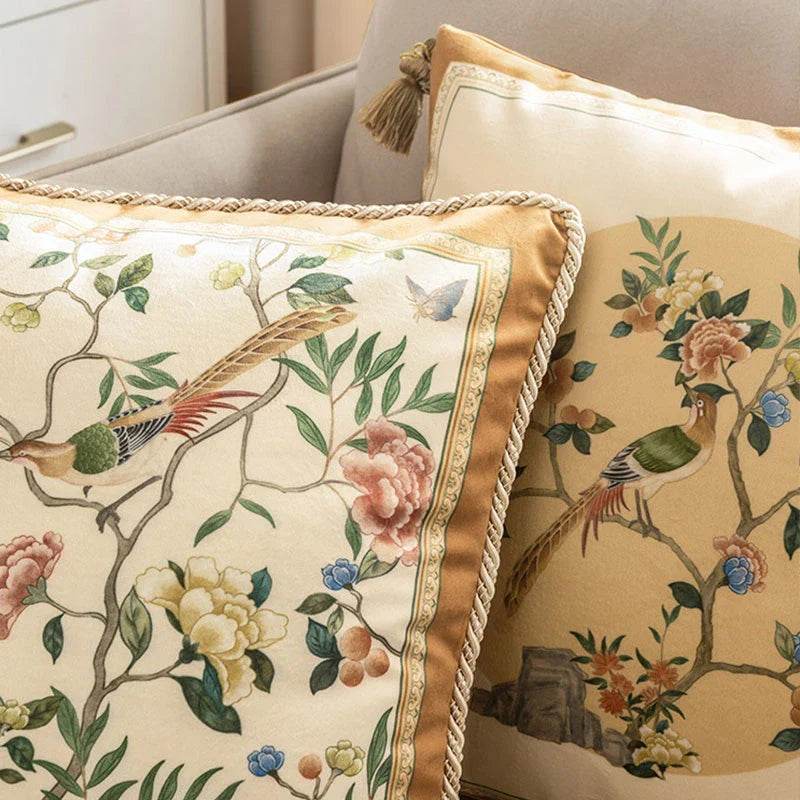 Chinoiserie Original Flowers and Birds Yellow Throw Pillow - SinoCultural -- SJZBZ052A01