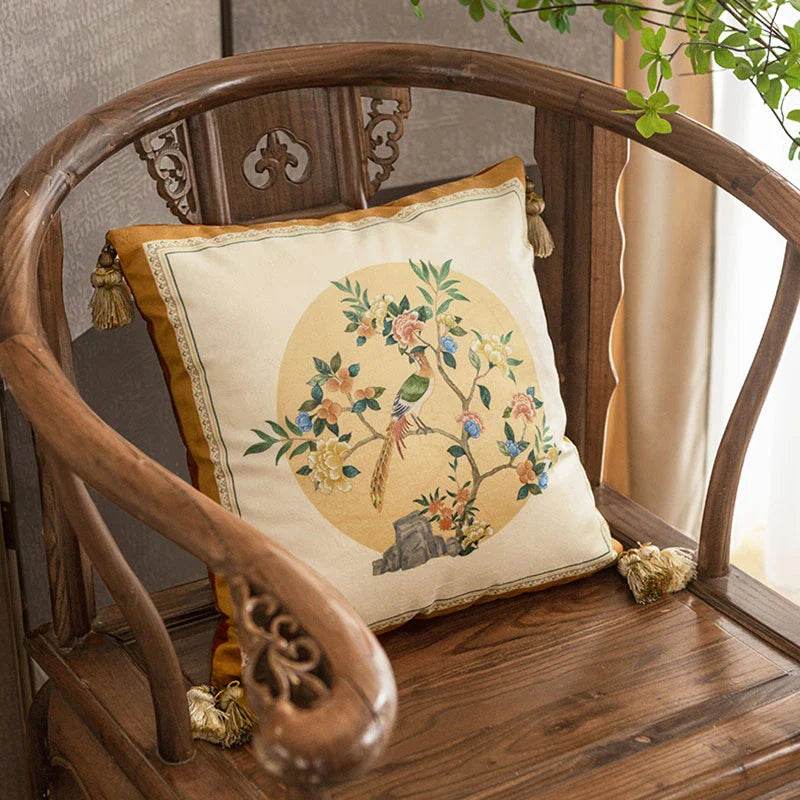 Chinoiserie Original Flowers and Birds Yellow Throw Pillow - SinoCultural -- SJZBZ052A01