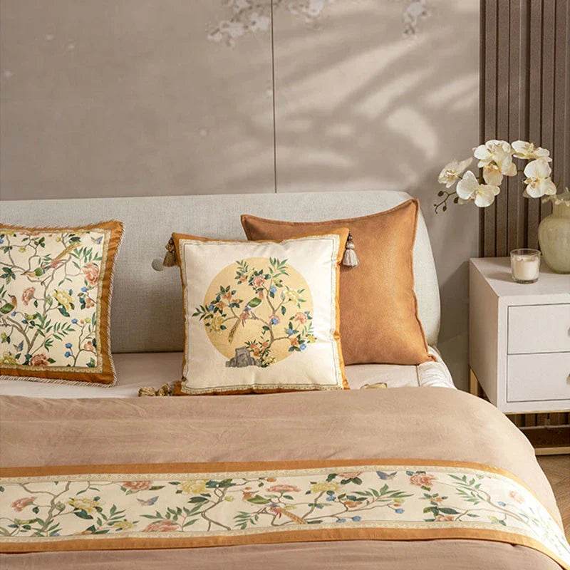 Chinoiserie Original Flowers and Birds Yellow Throw Pillow - SinoCultural -- SJZBZ052A01