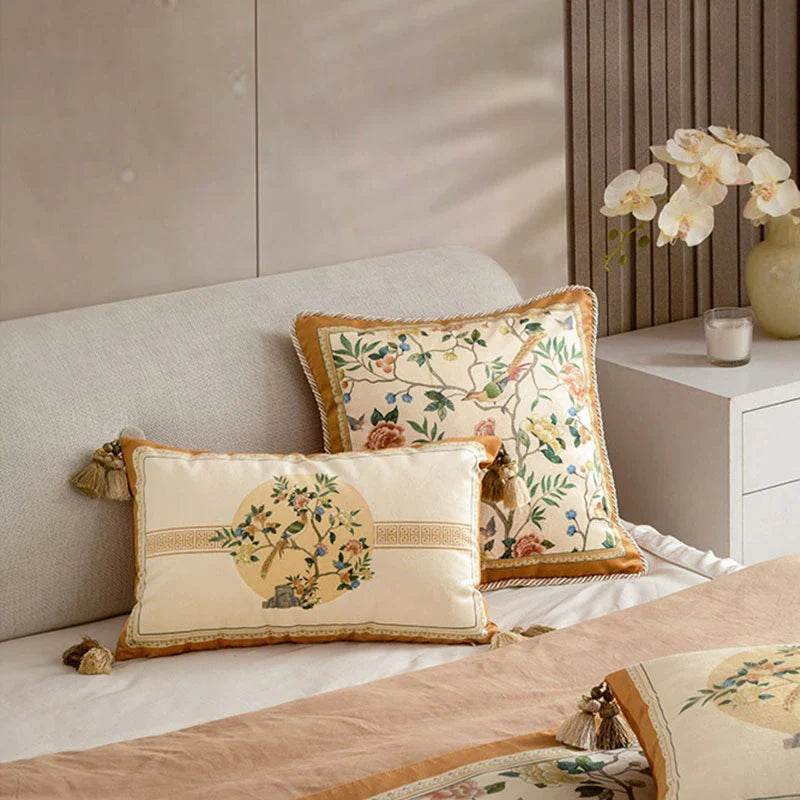 Chinoiserie Original Flowers and Birds Yellow Throw Pillow - SinoCultural -- SJZBZ052A01