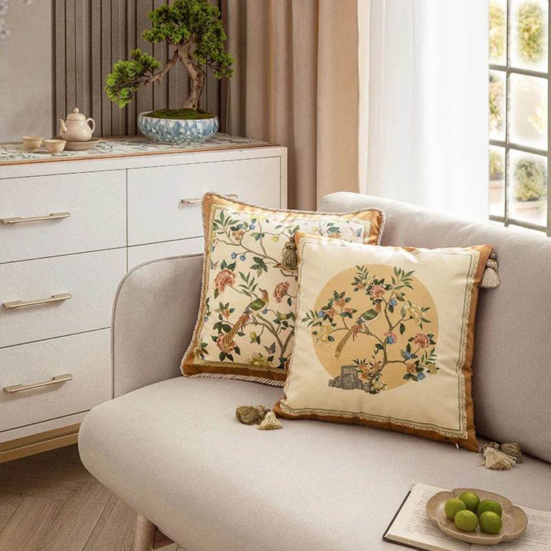 Chinoiserie Original Flowers and Birds Yellow Throw Pillow - SinoCultural -- SJZBZ052A01