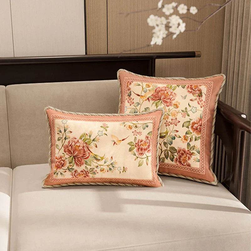 Chinoiserie Original Flowers and Birds Powder Pink Throw Pillow - SinoCultural -- SJZBZ055A01