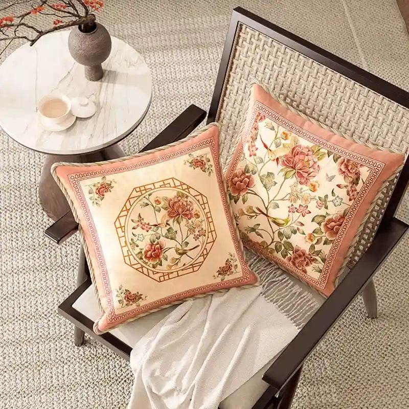 Chinoiserie Original Flowers and Birds Powder Pink Throw Pillow - SinoCultural -- SJZBZ055A01
