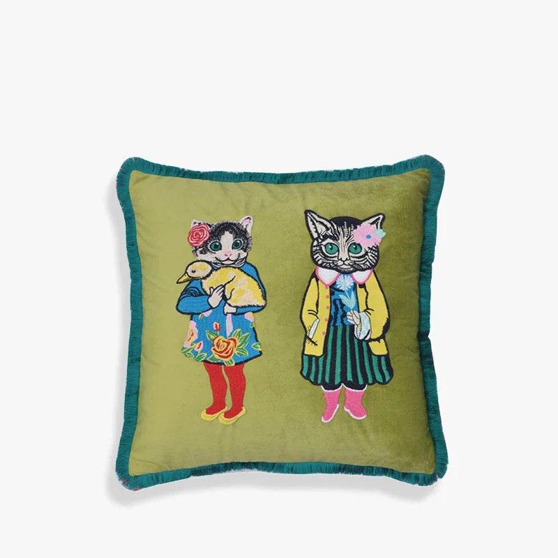 Chinoiserie Original Handmade Embroidery Velvet Throw Pillow Miss Kitty - SinoCultural -- SJZBZ003A01