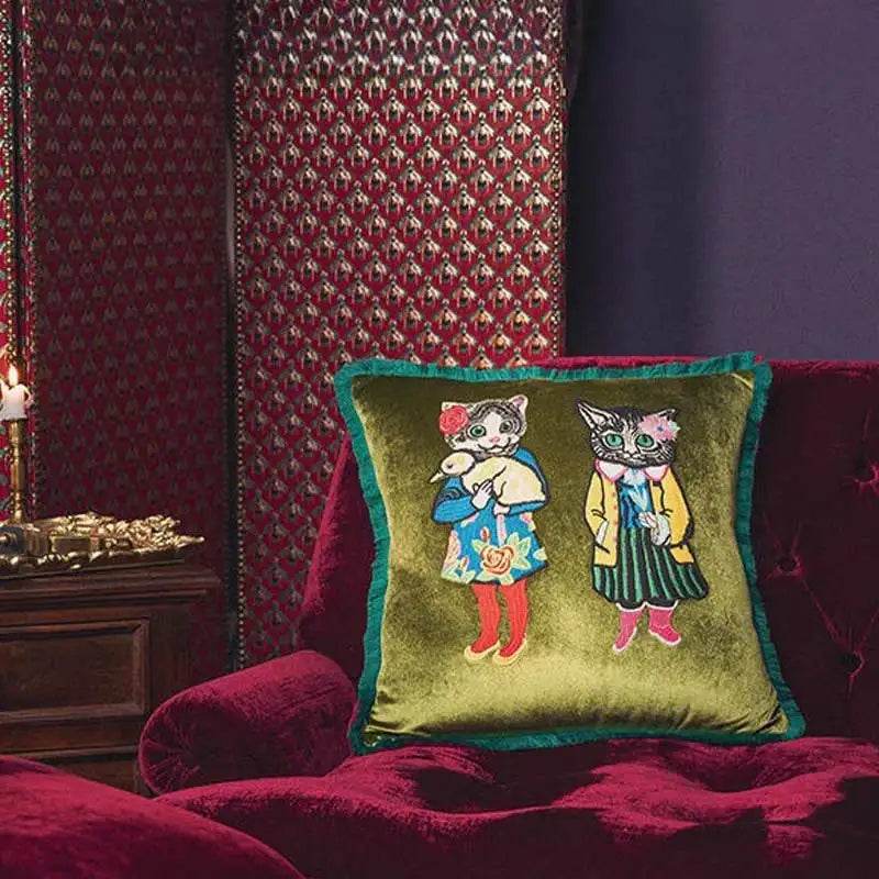 Chinoiserie Original Handmade Embroidery Velvet Throw Pillow Miss Kitty - SinoCultural -- SJZBZ003A01