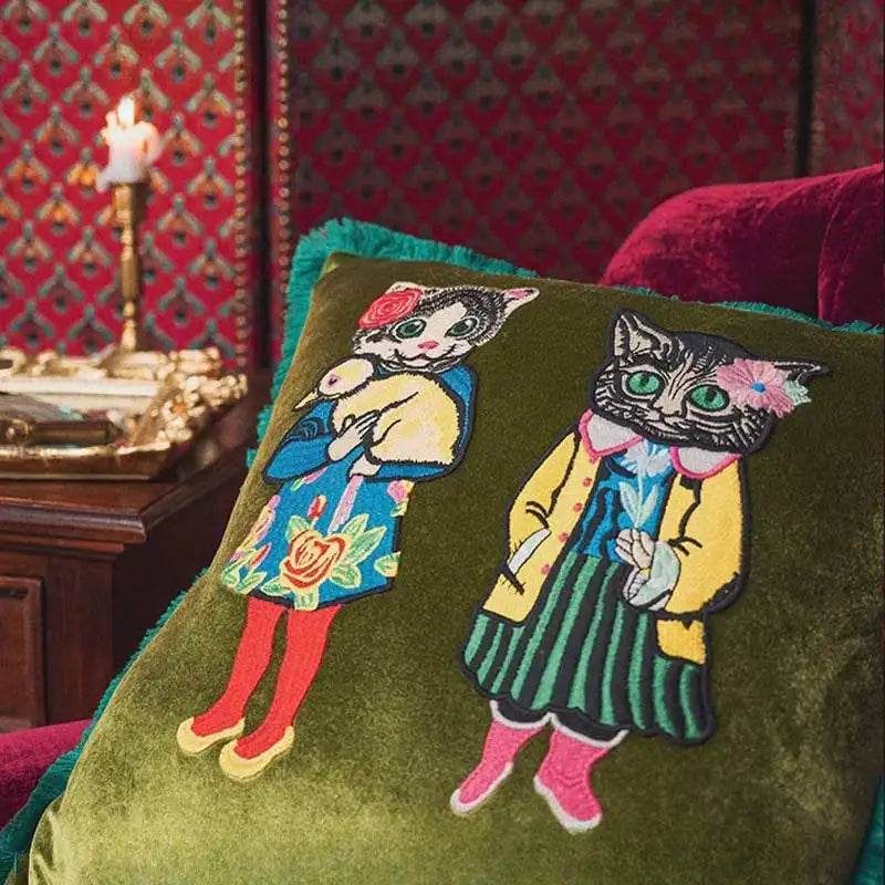 Chinoiserie Original Handmade Embroidery Velvet Throw Pillow Miss Kitty - SinoCultural -- SJZBZ003A01