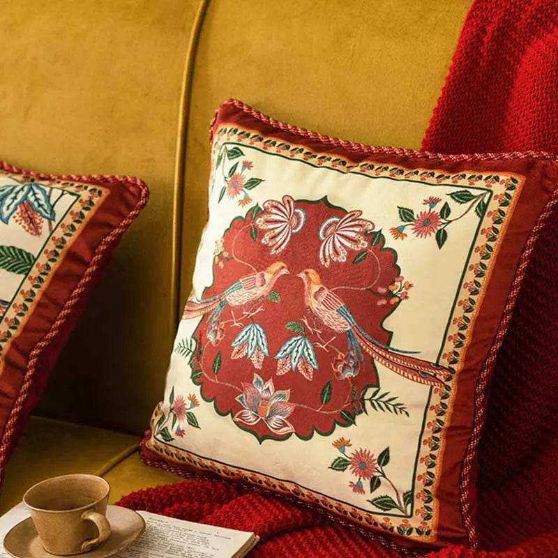 Chinoiserie Original Red Floral and Avian Throw Pillow Elysian Blooms - SinoCultural -- SJZB038A01