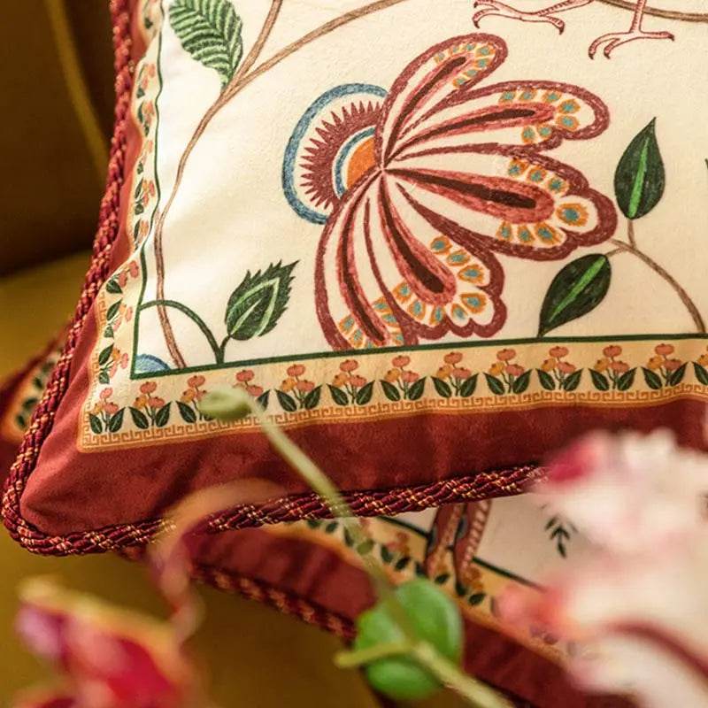 Chinoiserie Original Red Floral and Avian Throw Pillow Elysian Blooms - SinoCultural -- SJZB038A01