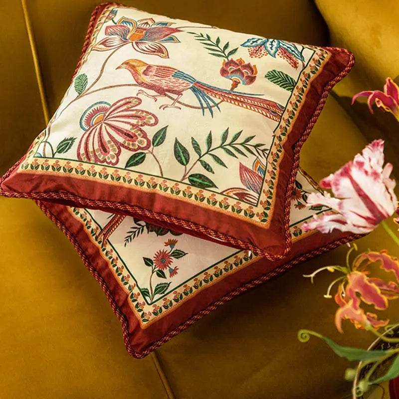 Chinoiserie Original Red Floral and Avian Throw Pillow Elysian Blooms - SinoCultural -- SJZB038A01