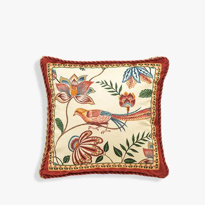 Chinoiserie Original Red Floral and Avian Throw Pillow Elysian Blooms - SinoCultural -- SJZB038A01