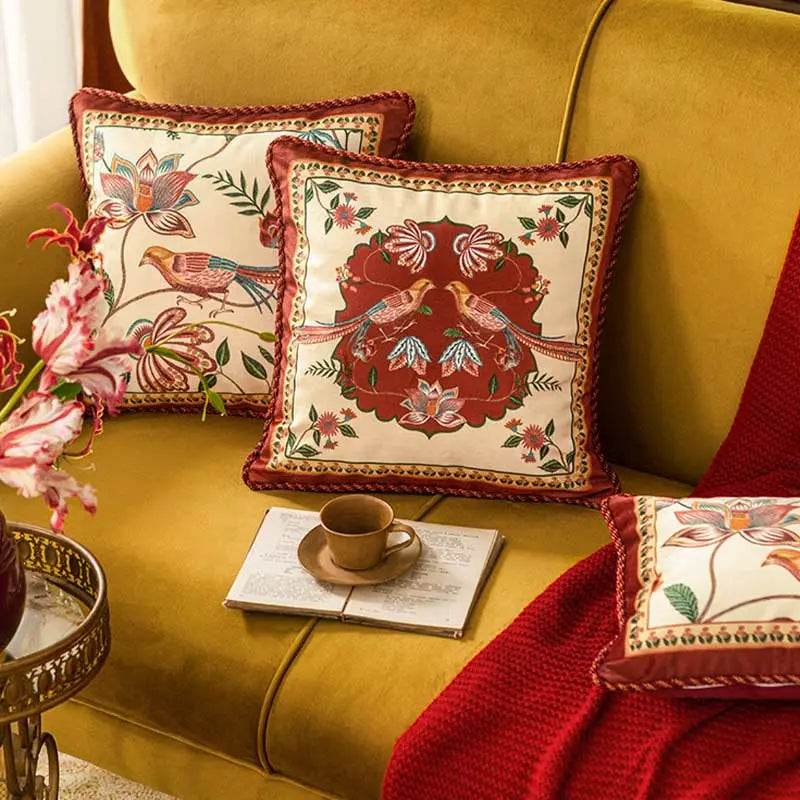 Chinoiserie Original Red Floral and Avian Throw Pillow Elysian Blooms - SinoCultural -- SJZB038A01