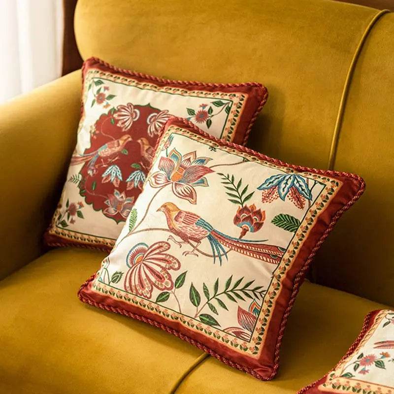 Chinoiserie Original Red Floral and Avian Throw Pillow Elysian Blooms - SinoCultural -- SJZB038A01