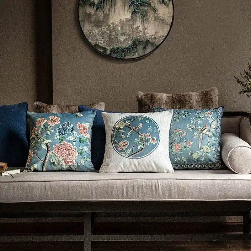 Chinoiserie Original Vintage Flower and Bird Throw Pillow Blue and White - SinoCultural -- SJZBZ035A01