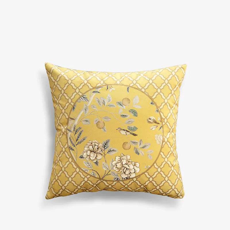 Chinoiserie Original Yellow Flowers and Birds Throw Pillow Autumn Abundance - SinoCultural -- SJZB039A01