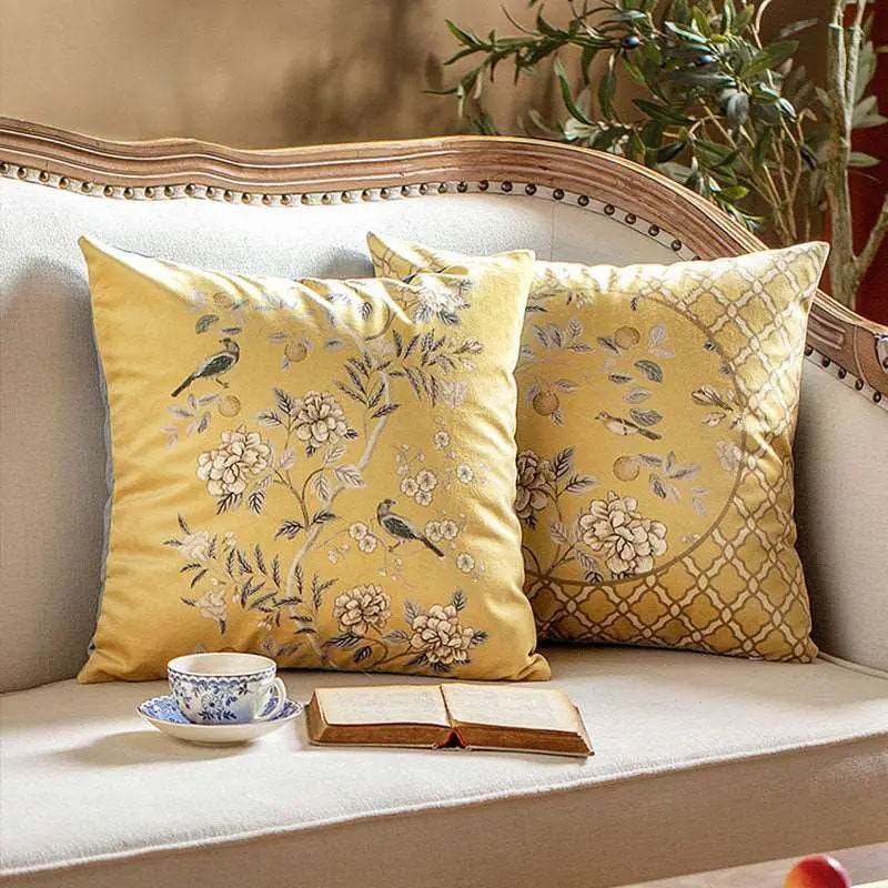 Chinoiserie Original Yellow Flowers and Birds Throw Pillow Autumn Abundance - SinoCultural -- SJZB039A01