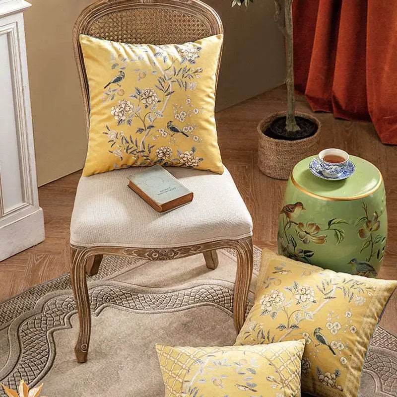 Chinoiserie Original Yellow Flowers and Birds Throw Pillow Autumn Abundance - SinoCultural -- SJZB039A01