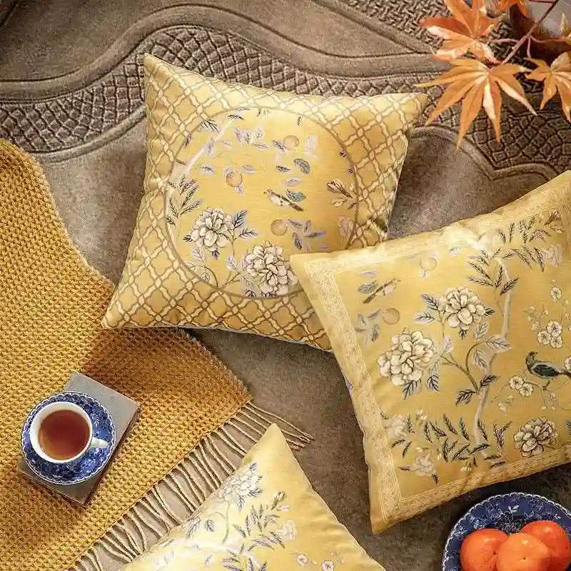 Chinoiserie Original Yellow Flowers and Birds Throw Pillow Autumn Abundance - SinoCultural -- SJZB039A01