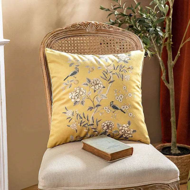 Chinoiserie Original Yellow Flowers and Birds Throw Pillow Autumn Abundance - SinoCultural -- SJZB039A01