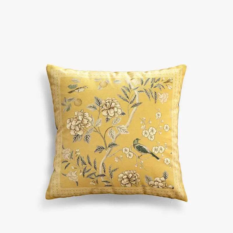Chinoiserie Original Yellow Flowers and Birds Throw Pillow Autumn Abundance - SinoCultural -- SJZB039A01