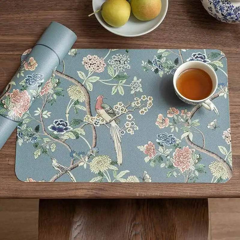 2-Piece Chinoiserie Placemat Waterproof Heat Resistant Blue Table Mat - SinoCultural -- TM025A30 -