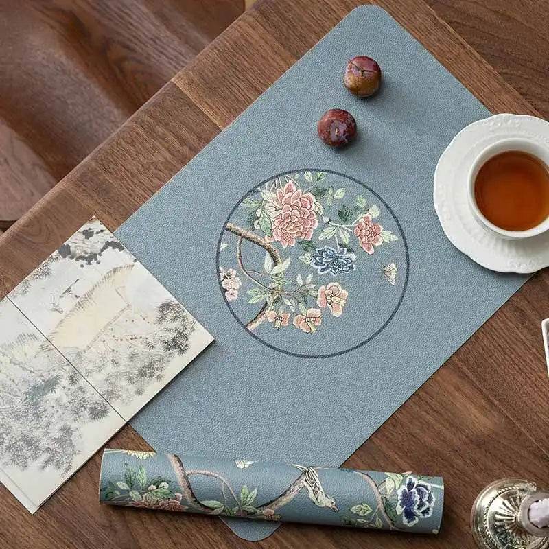 2-Piece Chinoiserie Placemat Waterproof Heat Resistant Blue Table Mat - SinoCultural -- TM025A30 -