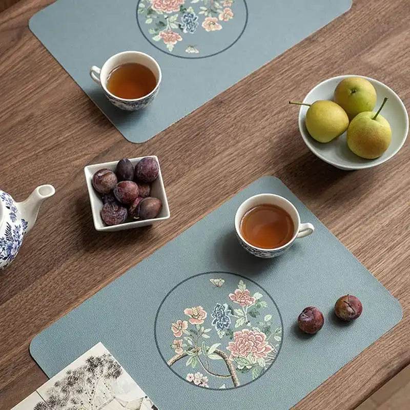 2-Piece Chinoiserie Placemat Waterproof Heat Resistant Blue Table Mat - SinoCultural -- TM025A30 -