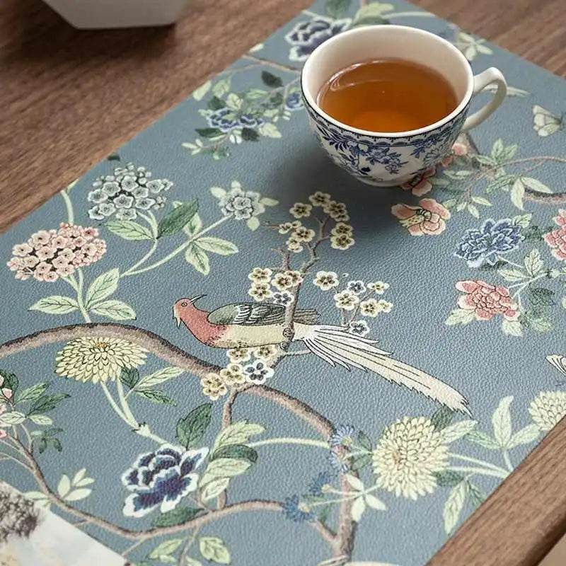 2-Piece Chinoiserie Placemat Waterproof Heat Resistant Blue Table Mat - SinoCultural -- TM025A30 -