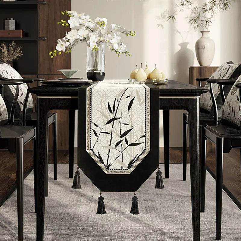 Chinoiserie Plush Bamboo Vintage Tea Black Table Runner - SinoCultural -- TR004W160