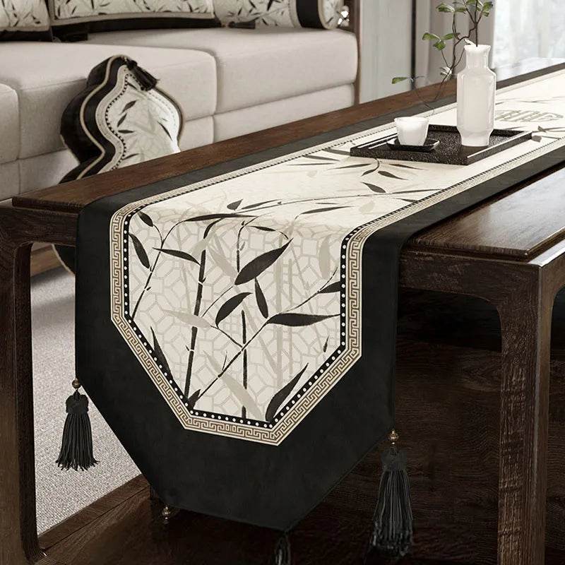 Chinoiserie Plush Bamboo Vintage Tea Black Table Runner - SinoCultural -- TR004W160 -