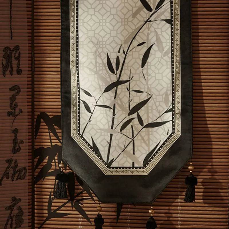 Chinoiserie Plush Bamboo Vintage Tea Black Table Runner - SinoCultural -- TR004W160 -