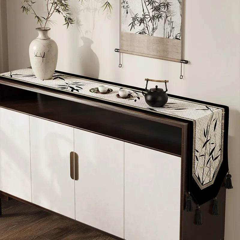 Chinoiserie Plush Bamboo Vintage Tea Black Table Runner - SinoCultural -- TR004W160