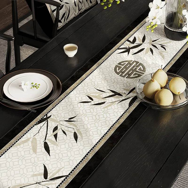 Chinoiserie Plush Bamboo Vintage Tea Black Table Runner - SinoCultural -- TR004W160