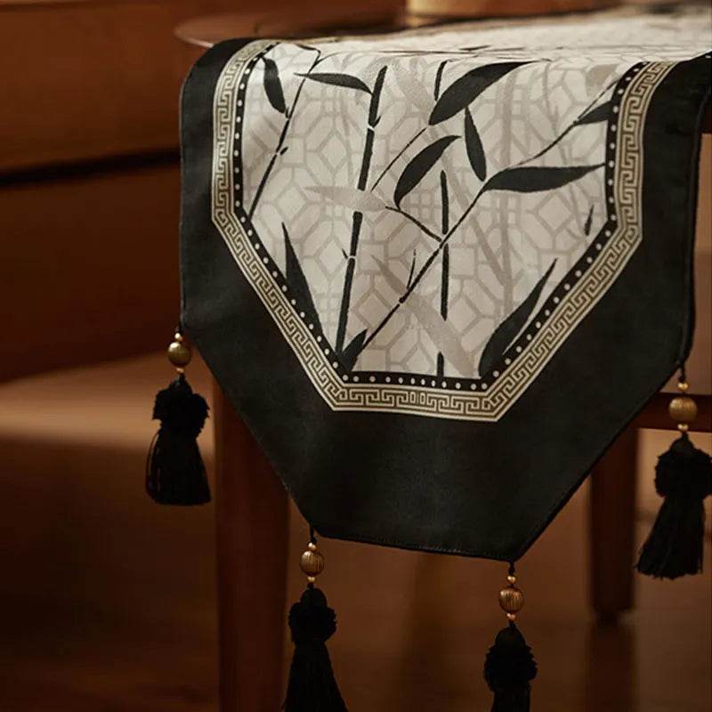 Chinoiserie Plush Bamboo Vintage Tea Black Table Runner - SinoCultural -- TR004W160 -