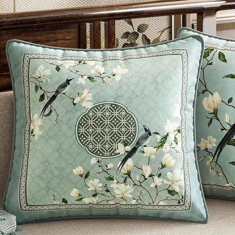 Chinoiserie Plush Fabric Original Blue Throw Pillow Orchid Courtyard - SinoCultural -- SJZB037A01