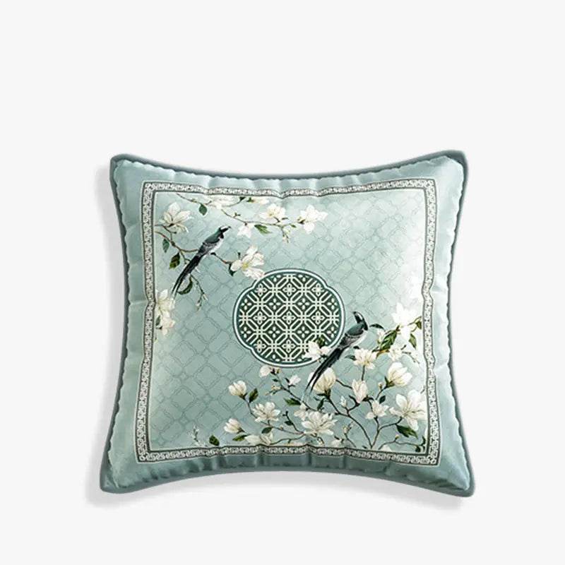 Chinoiserie Plush Fabric Original Blue Throw Pillow Orchid Courtyard - SinoCultural -- SJZB037A01 -