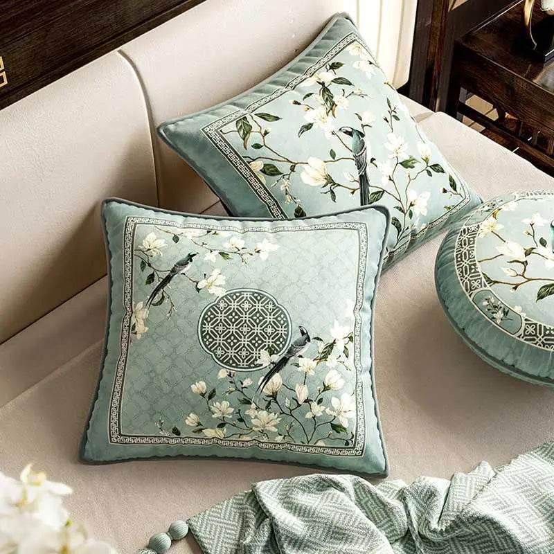 Chinoiserie Plush Fabric Original Blue Throw Pillow Orchid Courtyard - SinoCultural -- SJZB037A01