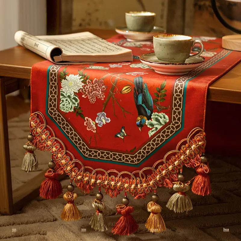 Chinoiserie Plush Festive Red Flower and Bird Table Runner - SinoCultural -- TR001R160 -