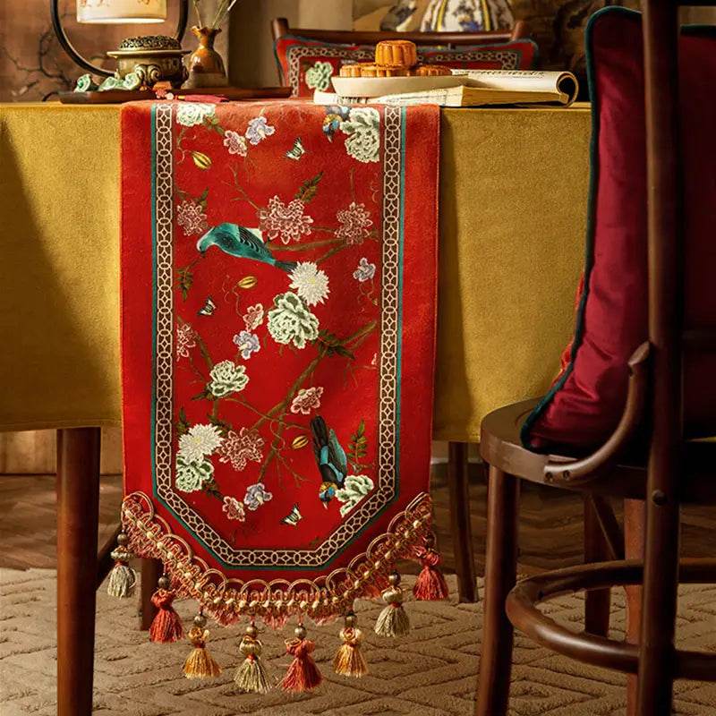 Chinoiserie Plush Festive Red Flower and Bird Table Runner - SinoCultural -- TR001R160 -