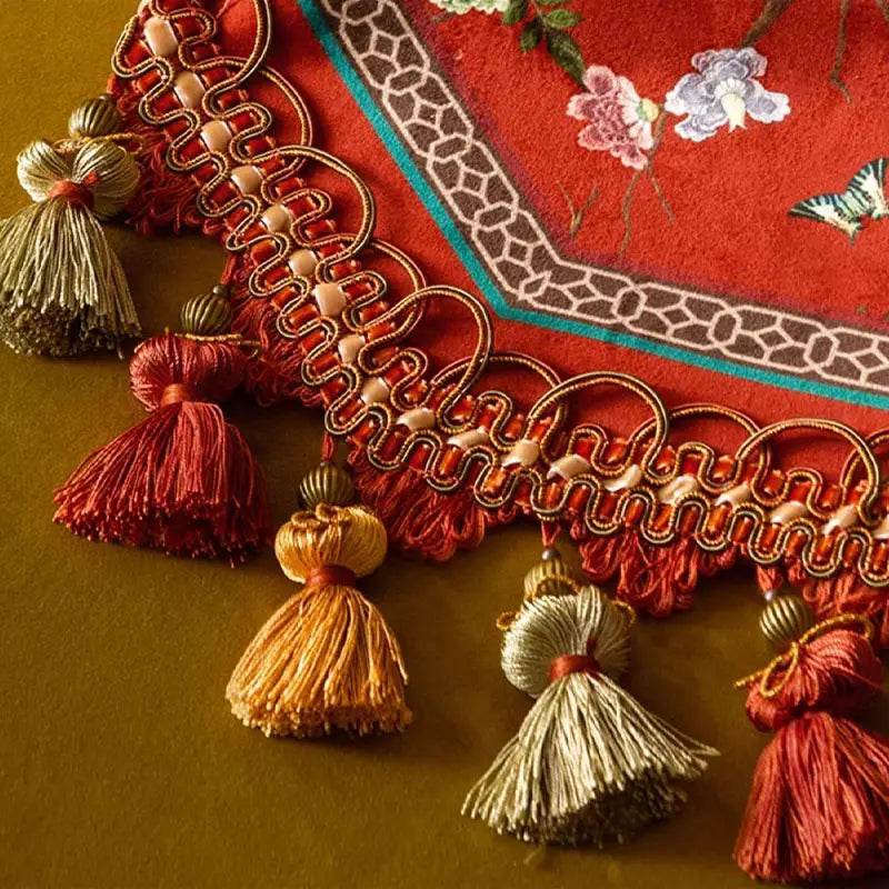 Chinoiserie Plush Festive Red Flower and Bird Table Runner - SinoCultural -- TR001R160 -
