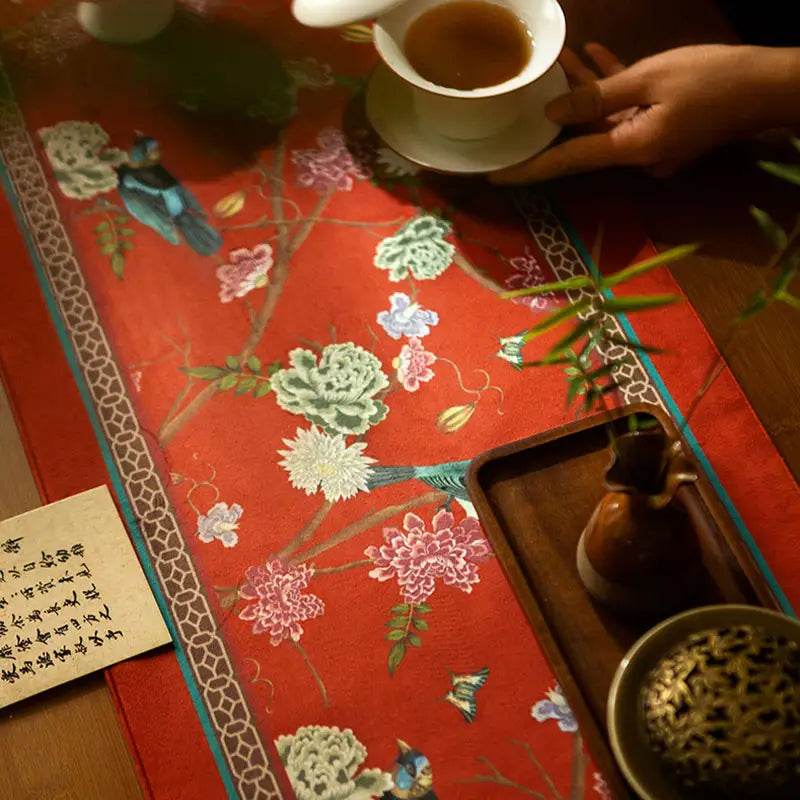 Chinoiserie Plush Festive Red Flower and Bird Table Runner - SinoCultural -- TR001R160 -