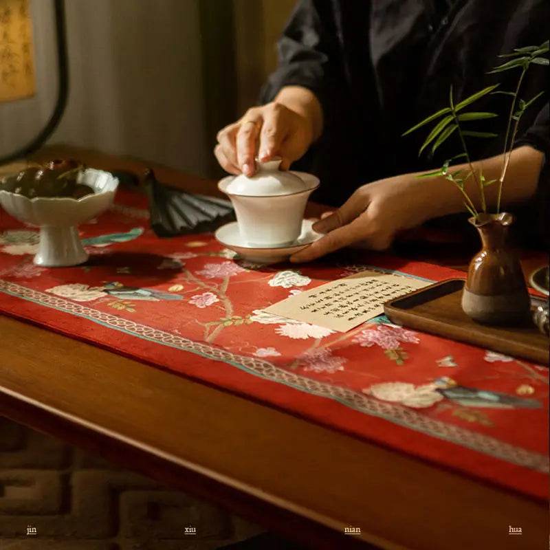 Chinoiserie Plush Festive Red Flower and Bird Table Runner - SinoCultural -- TR001R160 -