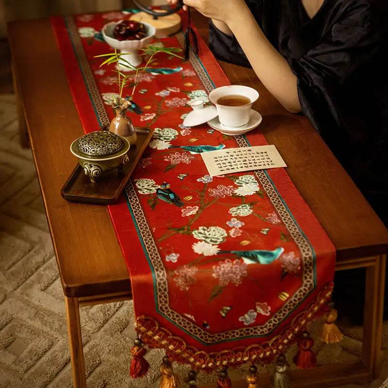 Chinoiserie Plush Festive Red Flower and Bird Table Runner - SinoCultural -- TR001R160 -