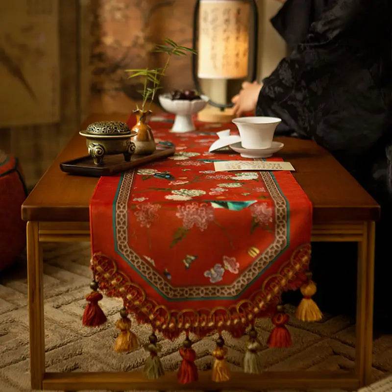 Chinoiserie Plush Festive Red Flower and Bird Table Runner - SinoCultural -- TR001R160 -