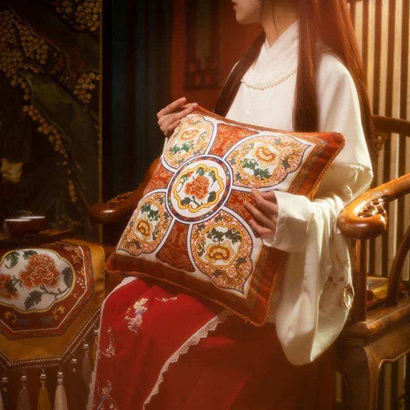 Chinoiserie Red-Yellow Classic Retro Luxurious Throw Pillow - SinoCultural